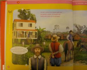 Picture taken from a textbook for 10-11 year old children, shows a drawing of a white “planter” with a speech bubble over his head reading: “It is way too hot to work the land. Fortunately, our slaves are used to this heat”. Credit for this picture goes to Melissa Weiner.